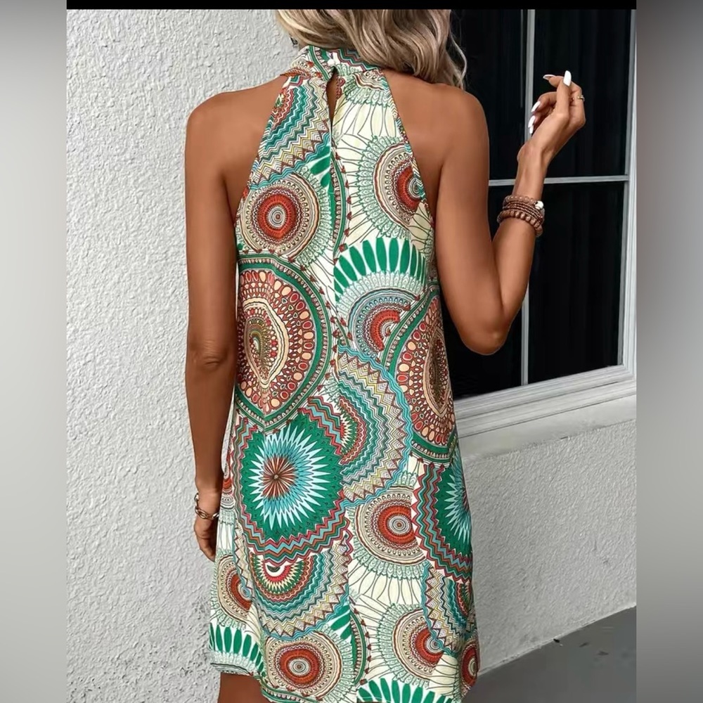 SHEIN Lune Mandala Print Green Halter Neck Printed Dress - Picture 2 of 2